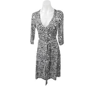 Patty Boutik Black White Abstract Print Faux Wrap 3/4 Sleeve Midi A-Line Dress S